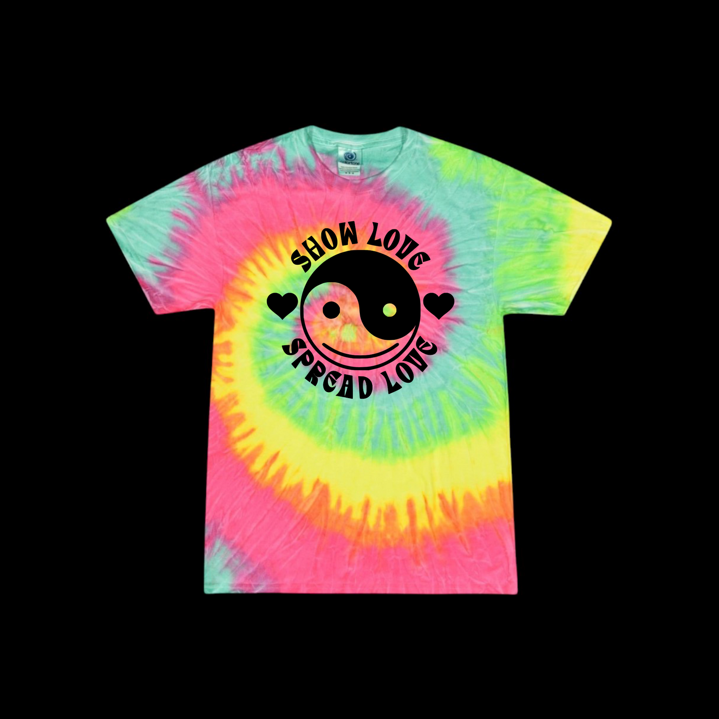 show love spread love neon rainbow tie dye t-shirts